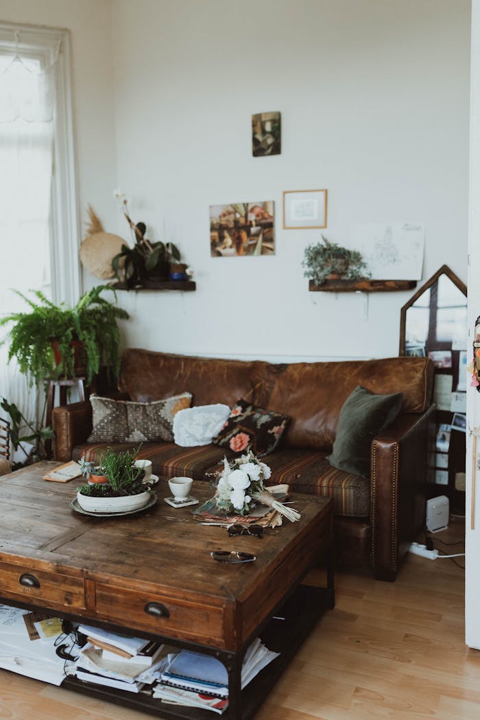 our-story Comfortable living room featuring vintage decor, indoor plants, and a rustic coffee table.