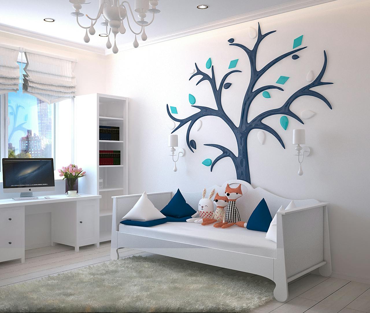 about-us A stylish children's room with a modern design featuring a tree wall art and plush toys.